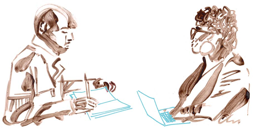 Drawing of two people facing each other, one with a notebook and the other one with a laptop computer